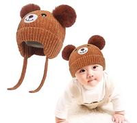 Cute Bear - Gorro de punto con forro polar para niños, con orejeras, doble pompón, chenilla, gorro de felpilla, gorro cálido con correa, para clima frío, para niños y niñas de 1 a 5 años
