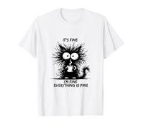 Cute Black Cat It's Fine I'm Fine Everything Is Fine Funny Camiseta gráfica económica, Hombre, Blanco, L
