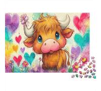 Cute Bull Sturdy Paper Fluffy Cow with Hearts and Flowers Jigsaw Puzzle for Adults Educational Birthday Gift 52x38cm/1000pcs