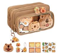 Cute Capybara Pencil Case, Multi-Layer Large Capacity Capybara Pencil Pouch, Pen Bag Canvas Capybara with Compartments, Comes with Brooch, Stickers, Pendant, and Memo Pad (Brown)