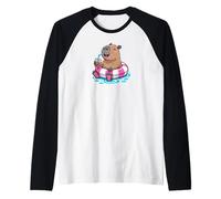 Cute Capybara Pool Float Beach Summer Rainbow Boba Tea Camiseta Manga Raglan