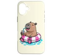 Cute Capybara Pool Float Beach Summer Rainbow Boba Tea Carcasa para iPhone 16 Plus