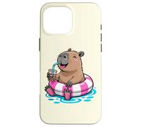 Cute Capybara Pool Float Beach Summer Rainbow Boba Tea Carcasa para iPhone 16 Pro Max