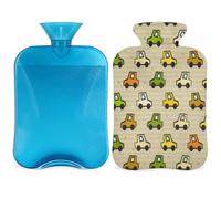 Cute Cars Botella de agua caliente con tapa, bolsa de agua caliente transparente de 2 l para compresas frías calientes, calentador de manos y pies, alivio del dolor de cuello y hombros (coche de