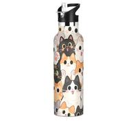 Cute Cartoon Cat Happy - Botella de agua con aislamiento al vacío de doble pared, sin BPA, sin BPA, con tapa de popote, doble pared, para viajes, campamento, bicicleta