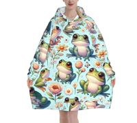 Cute-Cartoon-Frog-Floral - Manta de franela de gran tamaño con capucha para adultos, sudadera de manga larga con capucha