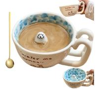 Cute Cartoon Seal Ceramic Mug, Handmade Coffee Cup with 3D Swimming Seal Figures, Marine Animal Mugs with Blue Ocean Interior and Water Me Human Design