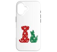 Cute Cat and Dog Christmas Holiday Red Green Snowflakes Pet Carcasa para iPhone 16