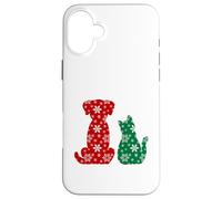 Cute Cat and Dog Christmas Holiday Red Green Snowflakes Pet Carcasa para iPhone 16 Plus