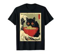 Cute Cat Eating Ramen Noodle with Great Wave Japanese Meme Camiseta