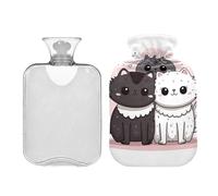Cute Cat Friends - Botella de agua caliente con funda de terciopelo, bolsa de agua caliente transparente de 1 litro para calambres menstruales, alivio del dolor de cuello y hombros, bolsas calientes