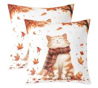 Cute Cat Lanzar Cojines Fundas 60x60 cm Juego de 2 Hojas de Arce de Qutumn Plantas Fundas de Cojín para Niños Niños Hermosa Dibujos Animados Kitty Decoración Estilo Rústico Fundas de Almohada para