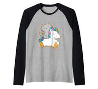 Cute Cat Riding Unicorn Magical Feline Design Camiseta Manga Raglan