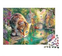 Cute Cat Sturdy Paper Tabby Cat Fishing in Village Stream Jigsaw Puzzle Stress Relief Home Decor 38x26cm/1000pcs