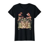 Cute Cat Wildflower Garden Floral Kitten Lover Camiseta gráfica económica, Mujer, Negro, L