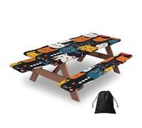 Cute Cats - Juego de 3 fundas para mesa de camping con protectores de banco, diseño de animales de dibujos animados, elástico, impermeable, rectangular, con bolsa de almacenamiento