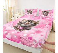 Cute Cats Mattress Cover L Größe ,Love Theme 3D Pink Heart Shape Fitted Blatt mit 1 Kissenbezug ,Kawaii Animal Glitter Romantischer Polyester Matratzenschutz für Kinder,(Kein Flachblatt)