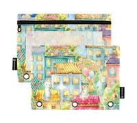 Cute Cats Whimsical Houses - Estuche para lápices de 3 anillas con cremallera, estuche para lápices, estuche transparente suave para estudiantes, escuela, 24,8 x 18 cm, 2 paquetes