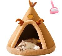 Cute Christmas Cat Cave Bed,Cozy Warm Triangle Pet Tent with Removable Cushion,Washable Non-Slip Pet Bed,All Season Use Indoor Soft Plush Pets House (Brown, L:55 * 55 * 55cm/21.65 * 21.65 * 21.65in)