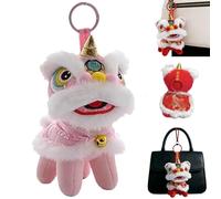 Cute Cloak Lion Dance Keychain,Funny Traditional Lion Dance Plush Keychains,2026 Year of The Horse Chinese Style Bag Pendant (Pink)