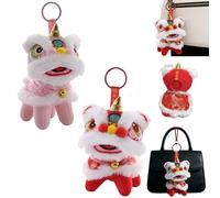 Cute Cloak Lion Dance Keychain,Funny Traditional Lion Dance Plush Keychains,2026 Year of The Horse Chinese Style Bag Pendant (Red+Pink)
