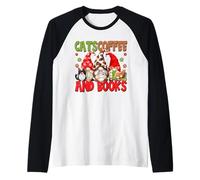 Cute Coffee Lover Cat Mom and Dad Cats Coffee and Books Camiseta Manga Raglan