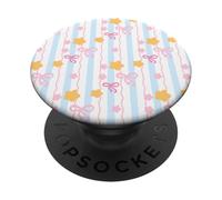 Cute Coquette Pink Bows and Light Blue Stripes PopSockets PopGrip Adhesivo