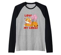 Cute Corgi Dog Lover Design with Balloons and Hearts Camiseta Manga Raglan