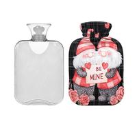 Cute Couple Gnomes Be Mine - Botella de agua caliente con funda suave, bolsa de agua caliente de 1 litro para aliviar el dolor de cuello y hombros, bolsa de agua caliente