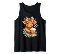 Cute Cow Holding Coffee Highland Cow with Leopard Bow Camiseta sin Mangas