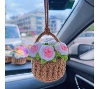 Cute Crochet Hanging Plant for Car Mirror,Handmade Boho Car Mirror Hanging Accessories,Knitted Plant Cars Mirrors Hanger,Interior Aesthetic Decor Auto Vehicel Ornament (Pink White)
