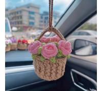 Cute Crochet Hanging Plant for Car Mirror,Handmade Boho Car Mirror Hanging Accessories,Knitted Plant Cars Mirrors Hanger,Interior Aesthetic Decor Auto Vehicel Ornament (Pink)