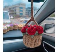 Cute Crochet Hanging Plant for Car Mirror,Handmade Boho Car Mirror Hanging Accessories,Knitted Plant Cars Mirrors Hanger,Interior Aesthetic Decor Auto Vehicel Ornament (Red)