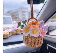 Cute Crochet Hanging Plant for Car Mirror,Handmade Boho Car Mirror Hanging Accessories,Knitted Plant Cars Mirrors Hanger,Interior Aesthetic Decor Auto Vehicel Ornament (White Purple)