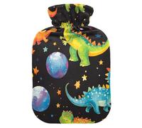 Cute Dinosaurs Space - Botellas de agua caliente negras con cubierta suave, calentador de manos, pies, regalo de invierno, bolsa de agua caliente para aliviar el dolor, 1 litro