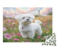 Cute Dog 1000 Pieces for Adults & Kids Maltese in Pink Flowers Educational Games Home Decor Puzzle for Family 52x38cm/1000pcs