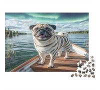 Cute Dog 1000Pc Recycled Paper Puzzle Zebra-Striped Pug on Boat at Lake for Adults 14-99 Years Home Decor & Gift 70x50cm/1000pcs