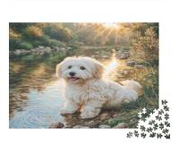 Cute Dog Adult Jigsaw Games Coton De Tulear by Stream Challenging & Brainteasing for Decompression 38x26cm/1000pcs