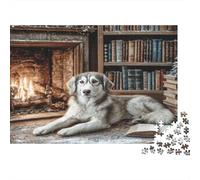 Cute Dog Adult Jigsaw Puzzles Australian Shepherd by Fireplace for The Whole Family Women, Gifts for Men 52x38cm/1000pcs