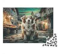 Cute Dog Adult Jigsaw Puzzles Australian Shepherd in Old Town for The Whole Family Women, Gifts for Men 52x38cm/1000pcs