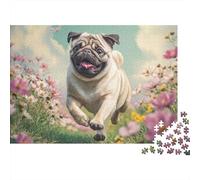 Cute Dog Difícil 1000 Piezas Rompecabezas para Adultos Pug Corriendo en Camino de Flores Rosas Premium Grueso Resistente Vibrante Desafiante Alivio de Estrés 70x50cm/1000pcs