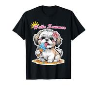 Cute Dog Eating Ice Cream Summer Happy Puppy Hello Summer Camiseta