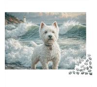 Cute Dog Premium 1000 Piezas Rompecabezas para Adultos Westie en Costa Rocosa del Mar Grueso Resistente Vibrante Desafiante Difícil Alivio de Estrés 52x38cm/1000pcs