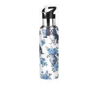 Cute Dogs - Botella de agua de acero inoxidable retro floral azul de 32 onzas, botellas de agua a prueba de fugas, botella de agua deportiva sin BPA aislada