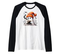 Cute Fall Ghost Coffee Mug Halloween Ghost Drinking Coffee Camiseta Manga Raglan
