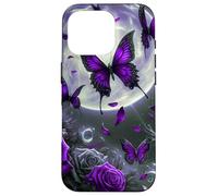 Cute Floral Rose Butterfly Design Purple Flower Galaxy Moon Carcasa para iPhone 16 Pro