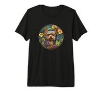 Cute Flowers Stained Glass Art Yorkie Lover Camiseta Premium