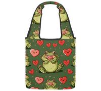 Cute Frogs Hold Various Heart Bolsa de lona para mujer, bolsa de tela reutilizable con asa ancha, Multicolor 03, 14.1x14.9in/36x38cm