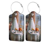 Cute Ghost at The Table Pumpkin Pie - Etiqueta de equipaje para maleta, paquete de 2 etiquetas de equipaje de cuero con solapa de privacidad, etiqueta de identificación de nombre y lazo de metal para