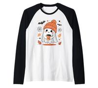 Cute Ghost Drinking Coffee Halloween Ghost Ice Coffee Womens Camiseta Manga Raglan